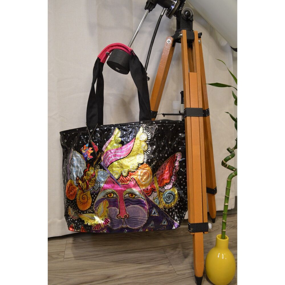 Vintage Laurel Burch Butterfly Cat Tote Bag Black Shimmer Purse NWT